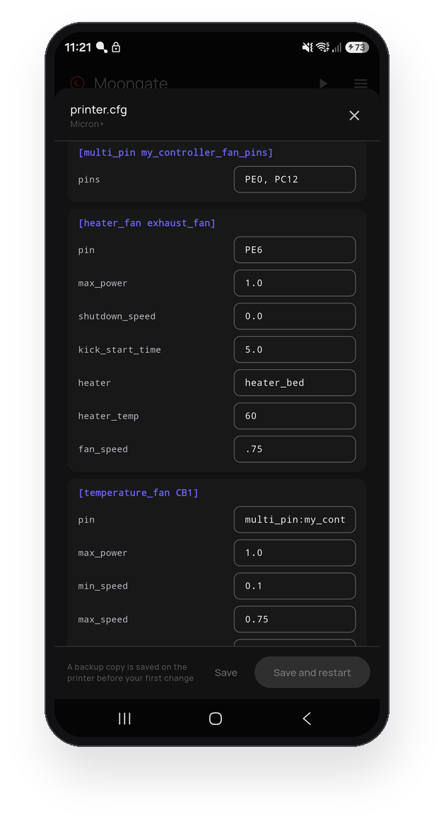 The structured printer.cfg editor with setting names fixed and values editable.