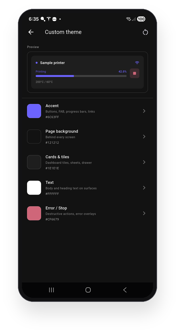 The custom theme editor with colour pickers.