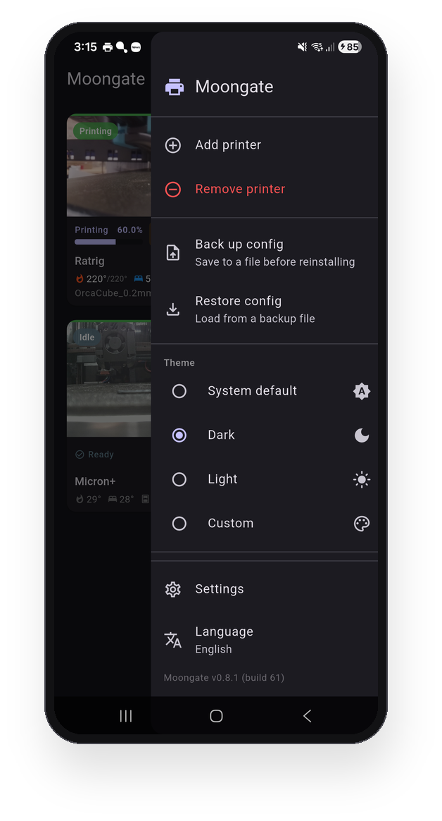The Moongate menu drawer with its settings sections.