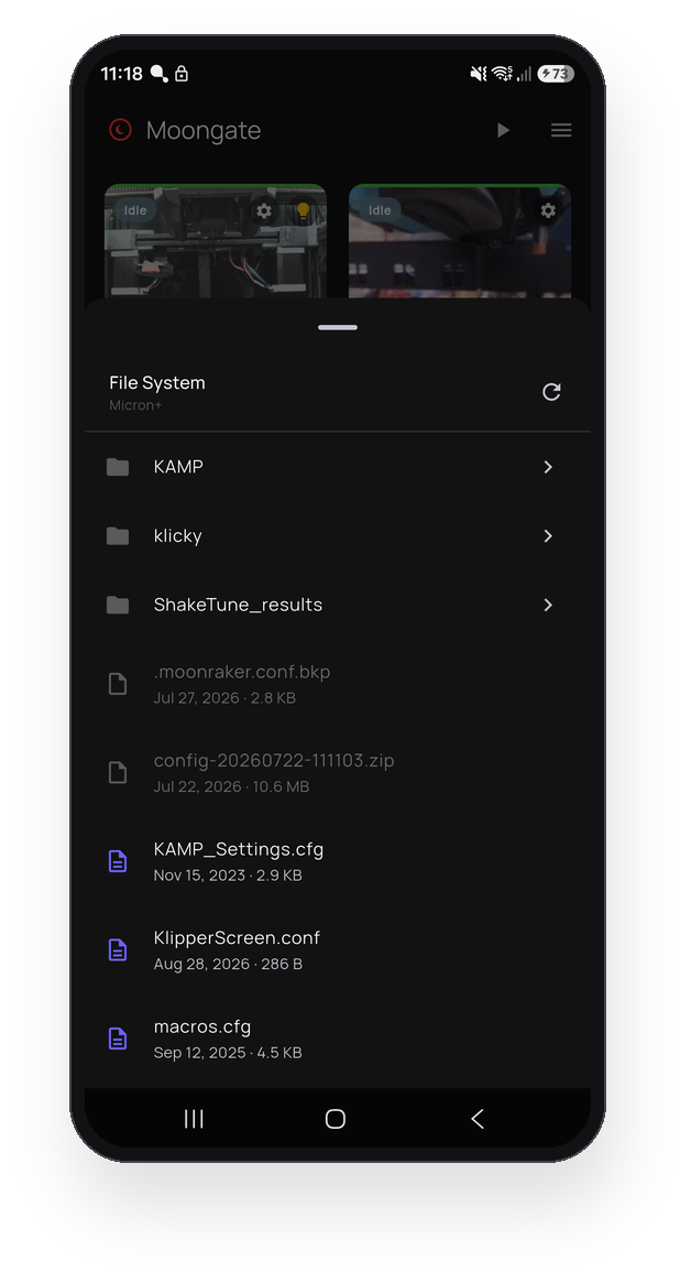 The File System browser showing the printer's configuration folder.