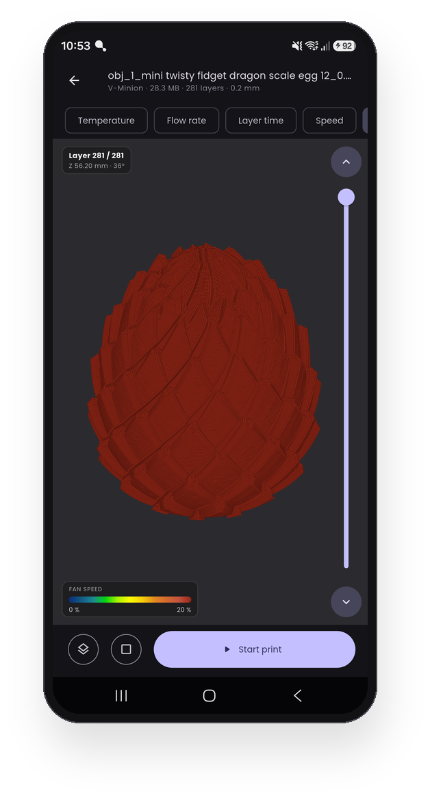 The G-code layer viewer: a stored file as a 3D layer stack coloured by fan speed with Orca's ramp, the mode chips, the layer rail and a Start print button.