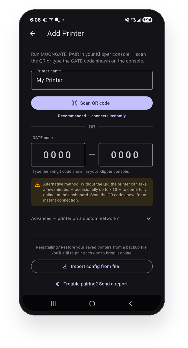 The pairing screen, scanning a QR code on the local network.