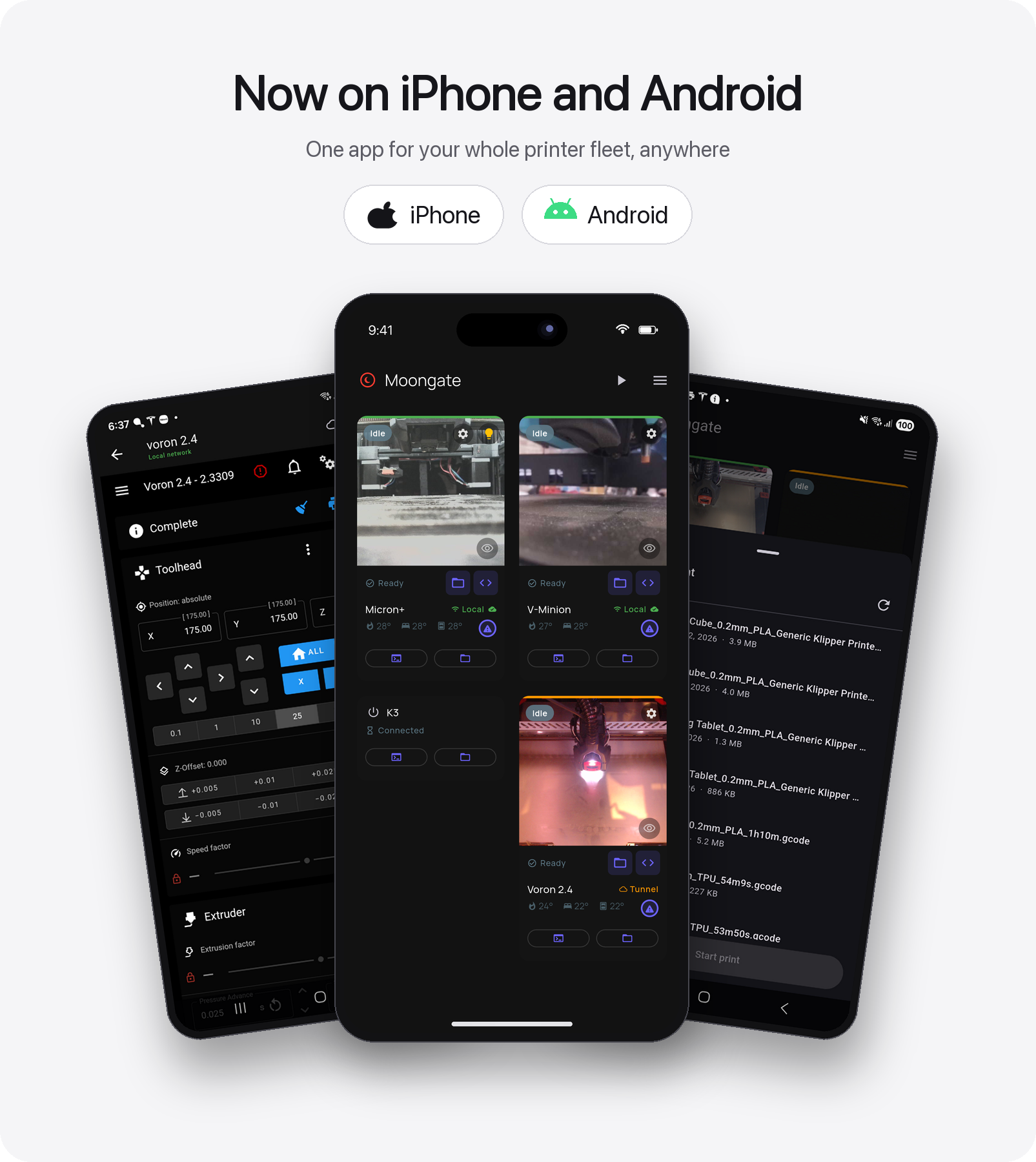 Moongate on iPhone and Android: the fleet dashboard with live webcam tiles, a per-printer console and file tools, the full Mainsail UI in-app, and printing straight from stored G-code.