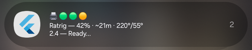 Moongate print notifications in the Android notification shade, showing live per-printer progress and temperatures.